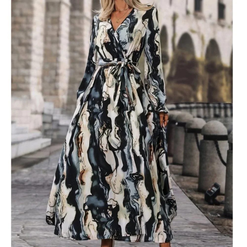Belted Flounce Sleeve A-Line Marble Print maxi Dress - Picture 6 of 7